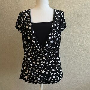 Carducci Blouse sz L Stretch Knit Polka Dot Short Sleeve Cowl Neck Blouse